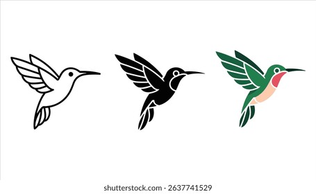 Hummingbird Vector Icon Set with Outline, Silhouette, and Color Versions	
