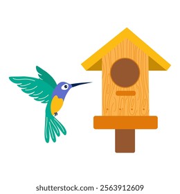 Hummingbird visits wooden birdhouse in a colorful garden setting on a sunny day