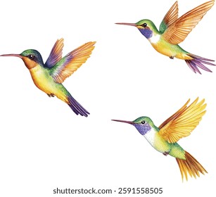 Hummingbird Watercolor  - Colorful Birds in Flight vector illustration