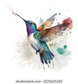 Hummingbird watercolor illustration. Watercolor isolated bird, flying multi-colored hummingbird isolated on white background. Colorful tropical Hummingbird in flight with splash and drops.