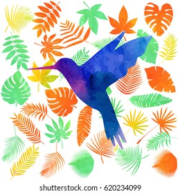 Hummingbird watercolor on a background of tropical leaves