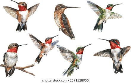 Hummingbird Watercolor Vector Set – Colorful Hand-Painted Birds Isolated on White Background

