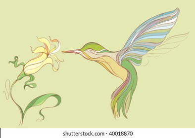 hummingbird and yellow flower isolated in a green background