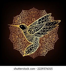 Hummingbird zen ornament mandala. Vector illustration. Colibri Flower Ethnic drawing. hummingbird bird nature in boho style. Zen art Gold