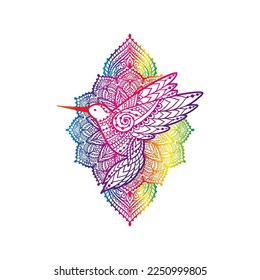 Hummingbird zen ornament mandala. Ilustración vectorial. Dibujo étnico de las flores de Colibri. la naturaleza del colibrí al estilo boho. Arte zen Colorful