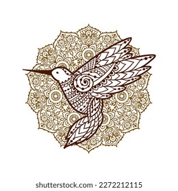 Hummingbird zen ornament mandala. Vector illustration. Colibri Flower Ethnic drawing. Hummingbird bird nature in boho style. Zen art