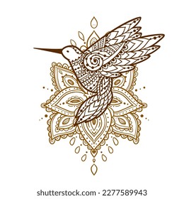 Hummingbird zen ornament mandala. Ilustración vectorial. Dibujo étnico de las flores de Colibri. la naturaleza del colibrí al estilo boho. Arte zen