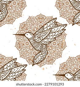 Hummingbird zen ornament mandala. Vector illustration. Colibri Flower Ethnic drawing. hummingbird bird nature in boho style. Pattern