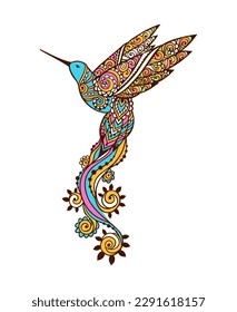 Hummingbird zen ornament mandala. Ilustración vectorial. Dibujo étnico de las flores de Colibri. la naturaleza del colibrí al estilo boho. Arte zen