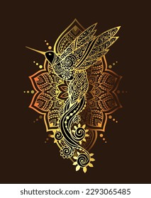 Hummingbird zen ornament mandala. Vector illustration. Colibri Flower Ethnic drawing. hummingbird bird nature in boho style. Zen art Gold