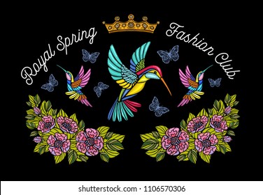 Hummingbirds butterflies crown flowers embroidery patch. Humming Bird floral leaf wings Insect embroidery. Hand drawn vector illustration