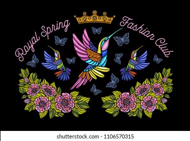 Hummingbirds butterflies crown flowers embroidery patch royal spring fashion club. Humming Bird floral leaf wings Insect embroidery. Hand drawn vector illustration