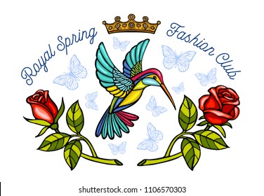 Hummingbirds butterflies crown roses embroidery patch Royal spring fashion club. Humming Bird floral leaf wings Insect embroidery. Hand drawn vector illustration