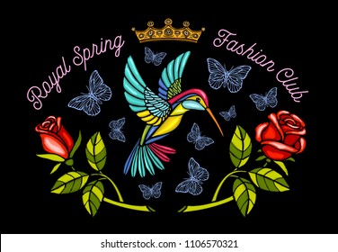 Hummingbirds butterflies crown roses embroidery patch Royal spring fashion club. Humming Bird floral leaf wings Insect embroidery. Hand drawn vector illustration