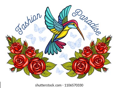 Hummingbirds butterflies crown roses embroidery patch fashion paradise. Humming Bird floral leaf wings Insect embroidery. Hand drawn vector illustration