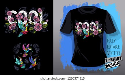 Hummingbirds cool flowers, leaves, birds, floral love embroidery textile fabrics t shirt design lettering wings insect luxury fashion embroidered style Hand drawn vector illustration