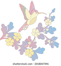 Hummingbirds with 
delicate flowers. Spring and summer illustration. It can be used for greeting card, posters, apparel

