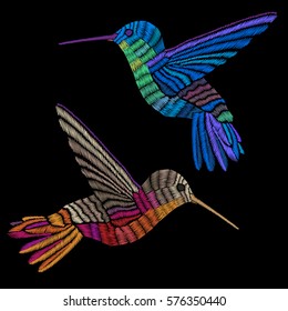 Hummingbirds embroidery. Embroidered bird. Vector decorative element for embroidery, patches and stickers