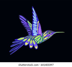 Hummingbirds embroidery. Vector decorative element for embroidery, patches, brocade, jeans and stickers. Embroidered bird. Tropical decorative bird.