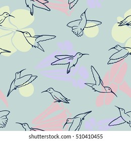 Hummingbirds with floral background seamless vector pattern