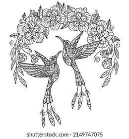 Hummingbirds and flowers hand drawn for adult coloring book