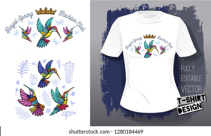 Hummingbirds flowers, leaves, birds, golden embroidery queen crown textile fabrics t shirt design lettering gold wings insect luxury fashion embroidered style Hand drawn vector illustration
