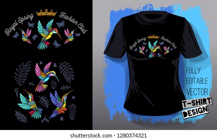 Hummingbirds flowers, leaves, birds, golden embroidery queen crown textile fabrics t shirt design lettering gold wings insect luxury fashion embroidered style Hand drawn vector illustration