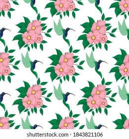 hummingbirds and flowers, seamless pattern, vector illustration