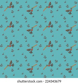 Hummingbirds in the flowers, seamless textures for printing on fabric, vibrant flora and fauna, birds pollinating flowers
