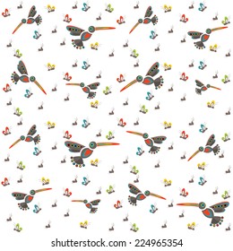 Hummingbirds in the flowers, seamless textures for printing on fabric, vibrant flora and fauna, birds pollinating flowers
