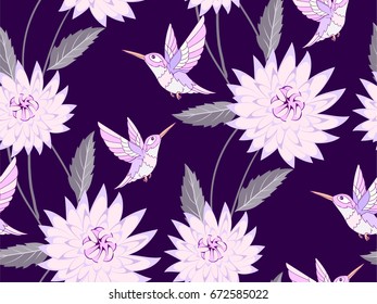 Hummingbirds and light flowers seamless pattern background.