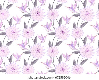 Hummingbirds and light flowers seamless pattern on white background.