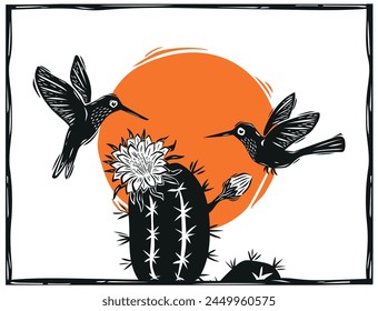 Colibríes sobre una flor de cactus (Mandacarú). Woodcut en el estilo cordel noreste. Ilustración vectorial