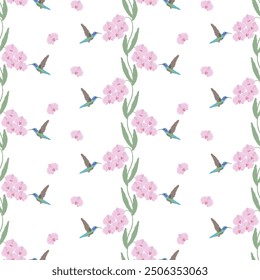 ็Ikat Hummingbirds and Pink Blossoms delicate floral ethnic seamless pattern on white background  vector illustration for texture,fabric,clothing,wrapping,decoration