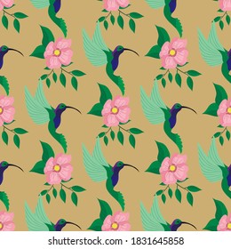 Kolibris und rosafarbene Blumen, nahtloses Muster, Vektorgrafik