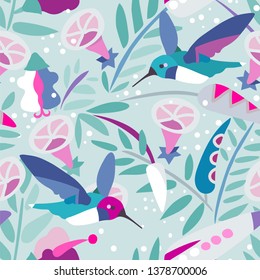 Hummingbirds seamless pattern. Hand drawn vector floral pattern with flying birds and flowers, in bight colors of pink, blue, green, white.
