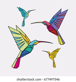 Hummingbirds. A set of colorful colibri figurines in origami art style. Structure