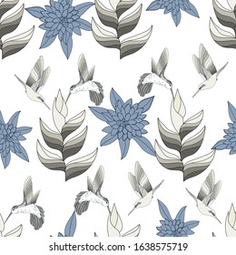 Hummingbirds and tropic plants in shades of silver beige and light grey blue colour on white background.Seamless vector pattern.