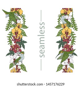 Hummingbirds and tropical flowers and leaves,  seamless brush, vector illustration