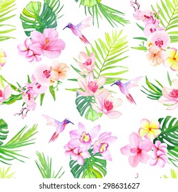 Hummingbirds and tropical flowers seamless vector pattern