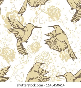Hummingbirds in vintage hand drawing style. Couple of enamored birds - vector seamless pattern. Decoration of invitations, cards and wraps for weddings