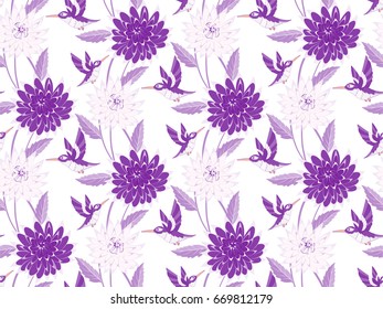 Hummingbirds and violet flowers seamless pattern.