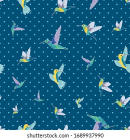 HummingBirs seamless pattern on blue polka dots background