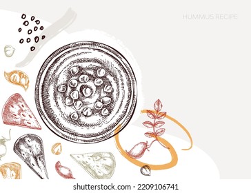 Hummus background in sketched style. Mediterranean food, ingredients, plants, pita sketches. Vegan food illustration. Hand-drawn hummus in plate, pita, chickpeas for menu, recipe, packaging design. 