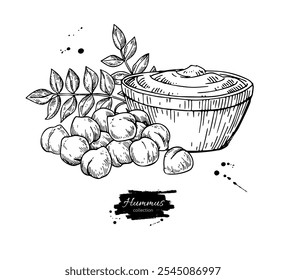 Hummus boliche com grão de bico. Ilustração de vetor desenhada à mão. Tradicional árabe, desenho de comida do Oriente Médio. Esboço da cozinha vegetariana. Farinha vegana mediterrânea. Rótulo, design de pacote, menu, receita