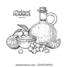 Hummus boliche com grão de bico, azeite, azeitonas e limão. Ilustração de vetor desenhada à mão. Tradicional árabe, desenho de comida do Oriente Médio. Esboço de refeição vegana mediterrânea. Rótulo, design do pacote, menu
