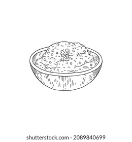 Hummus in bowl traditional middle east dip or snack, sketch vector illustration isolated on white background. Hand drawn monochrome healthy dish from chickpea, garlic and tahini.