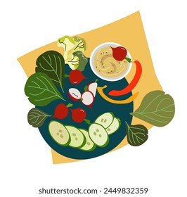   Hummus in bowl and vegetables,Lettuce leaves, radishes, carrots, cucumber, broccoli, sweet pepper. Hummus platter with assorted snacks. Vector cartoon hand drawn illustration.