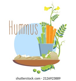 Hummus con losas de zanahoria y apio en un plato entre las hojas de garbanzo. Diseño plano. Ilustración del vector