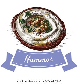 Hummus colorful illustration. Vector illustration of israeli cuisine.